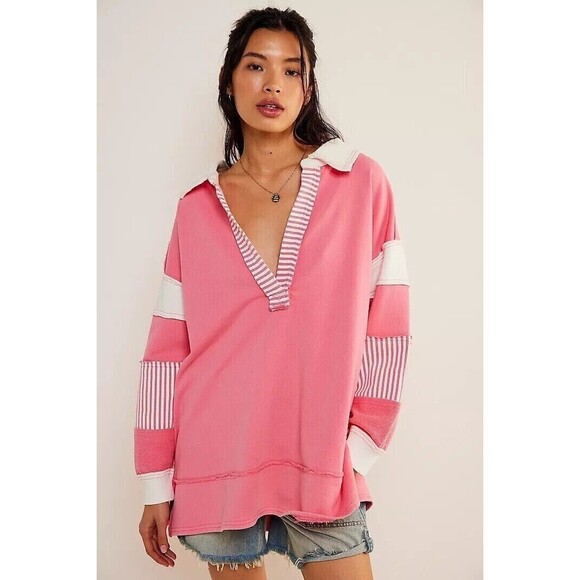 Free People We The Free Clean Prep Polo Pullover Top Oversized Striped XS 269960 - Picture 1 of 10